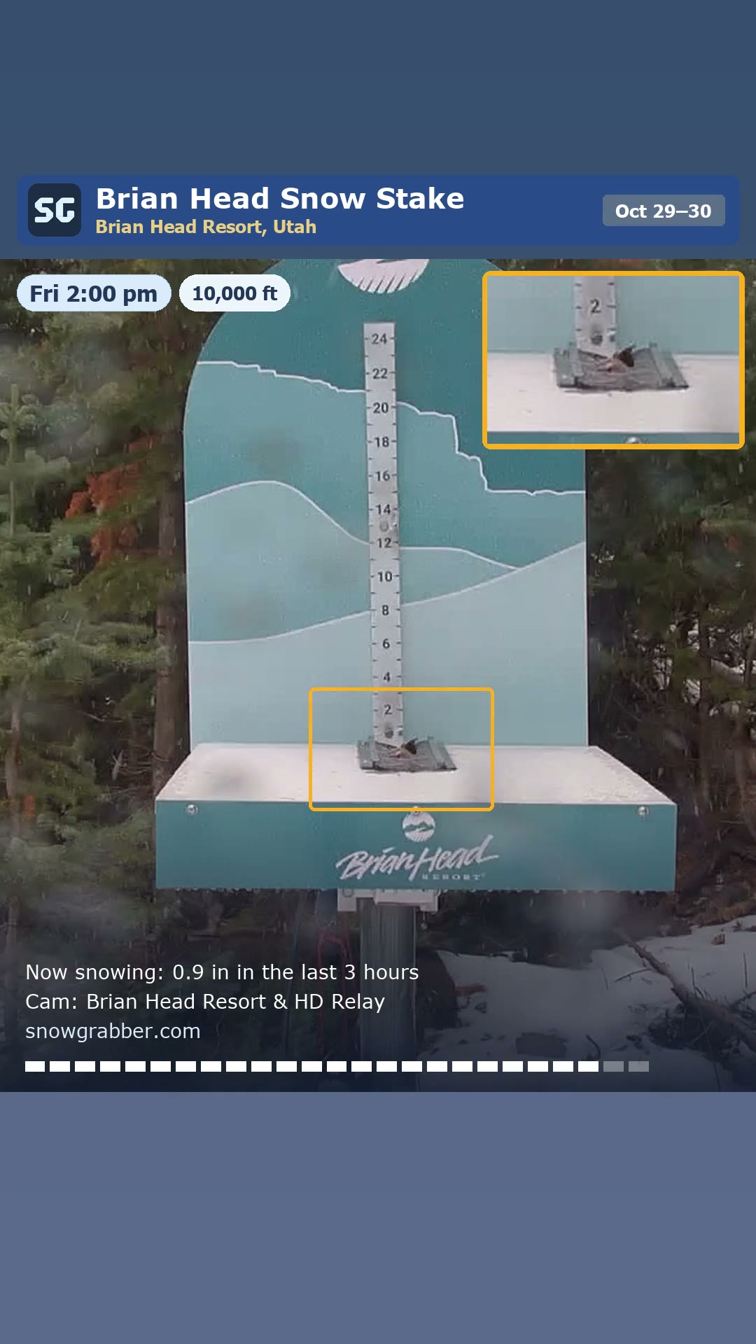 Snowing at Brian Head, and what is the thing at the base of the snow stake?