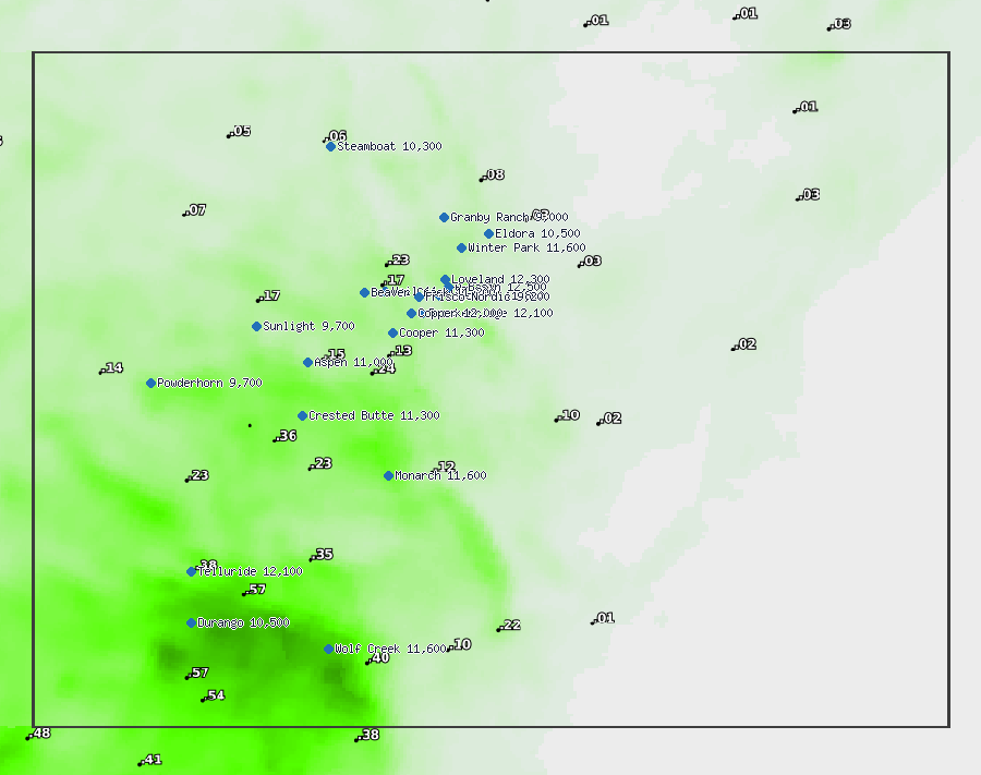 NWS precipitation (in), Colorado, 6 hours ending Mon Sep 28, 6 pm MDT (resort tops marked)