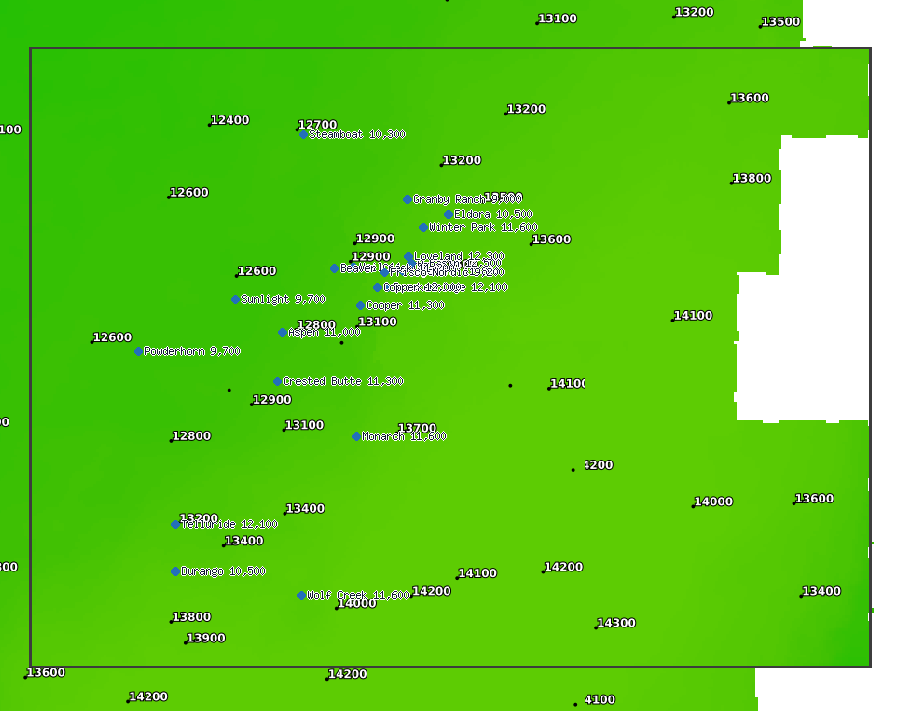 NWS snow level (ft), Colorado, Mon Sep 28, 6 pm MDT (resort tops marked)