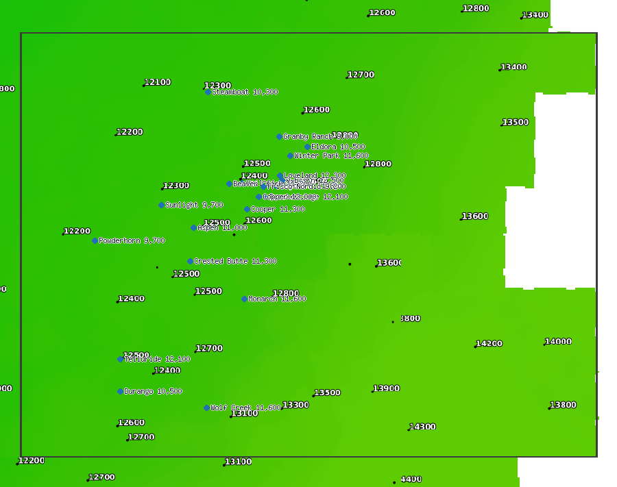 NWS snow level (ft), Colorado, Tue Sep 29, 6 am MDT (resort tops marked)