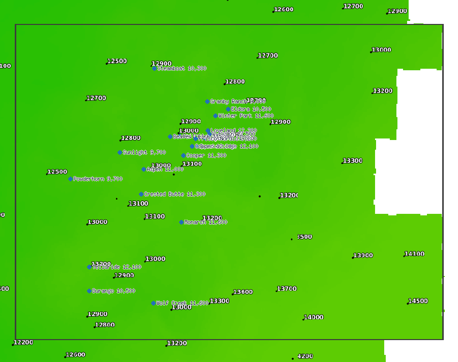 NWS snow level (ft), Colorado, Tue Sep 29, 6 pm MDT (resort tops marked)