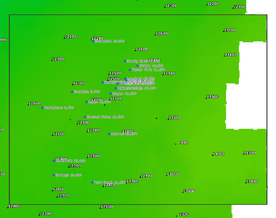 NWS snow level (ft), Colorado, Wed Sep 30, 6 am MDT (resort tops marked)