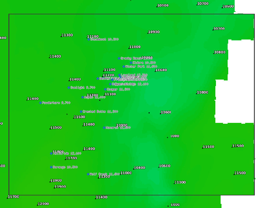 NWS snow level (ft), Colorado, Thu Oct 1, 6 am MDT (resort tops marked)